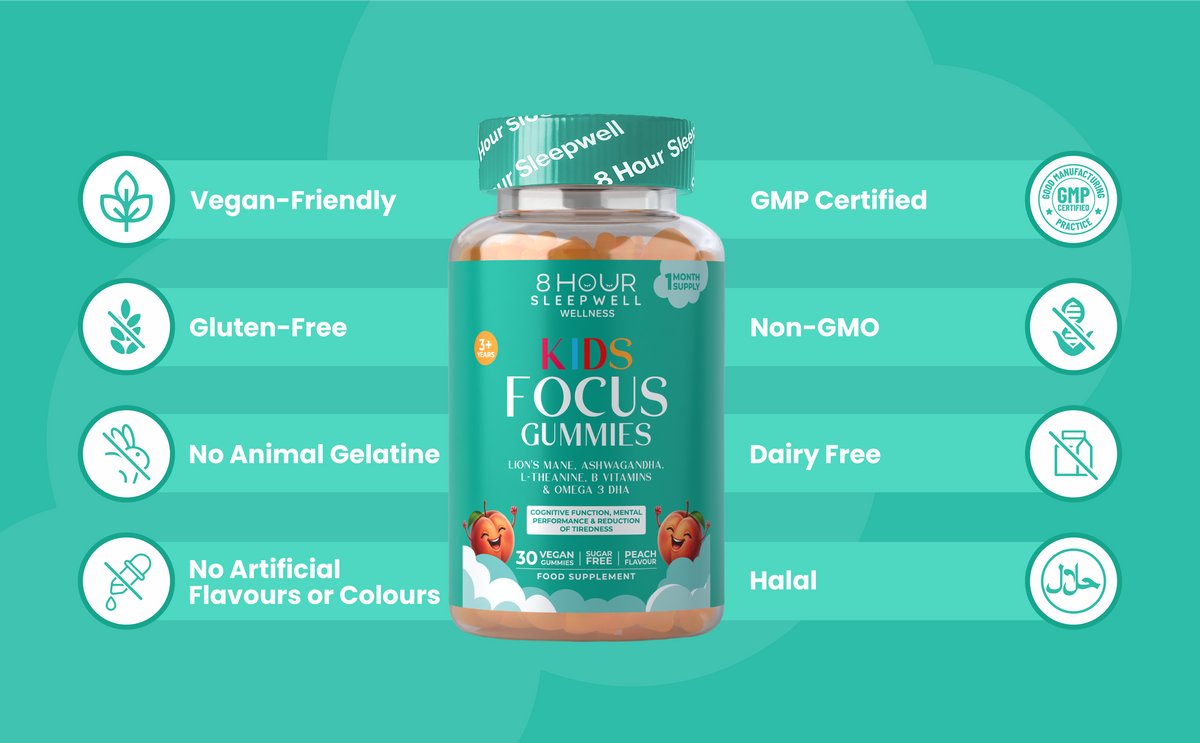 Kids Focus Gummies | 30 Nootropic Gummies | Lion's Mane | 8 Hour Sleepwell 8 Hour Sleepwell
