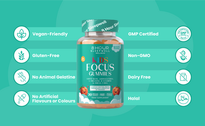 Kids Focus Gummies | 30 Nootropic Gummies | Lion's Mane | 8 Hour Sleepwell 8 Hour Sleepwell