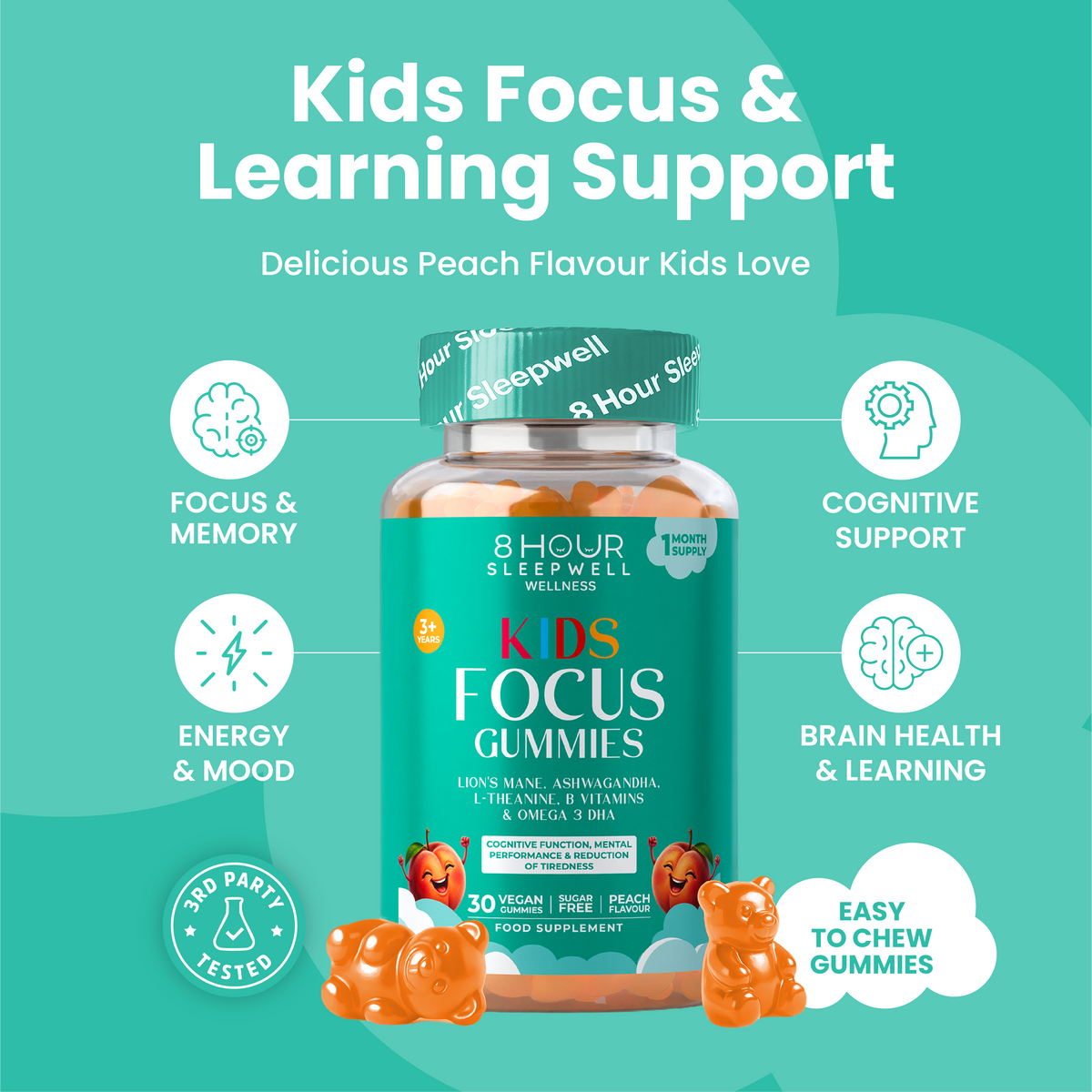 Kids Focus Gummies | 30 Nootropic Gummies | Lion's Mane | 8 Hour Sleepwell 8 Hour Sleepwell