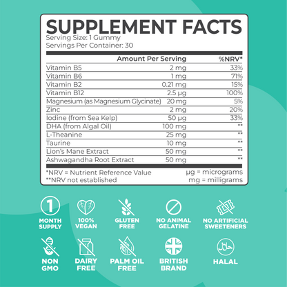Kids Focus Gummies | 30 Nootropic Gummies | Lion's Mane | 8 Hour Sleepwell 8 Hour Sleepwell