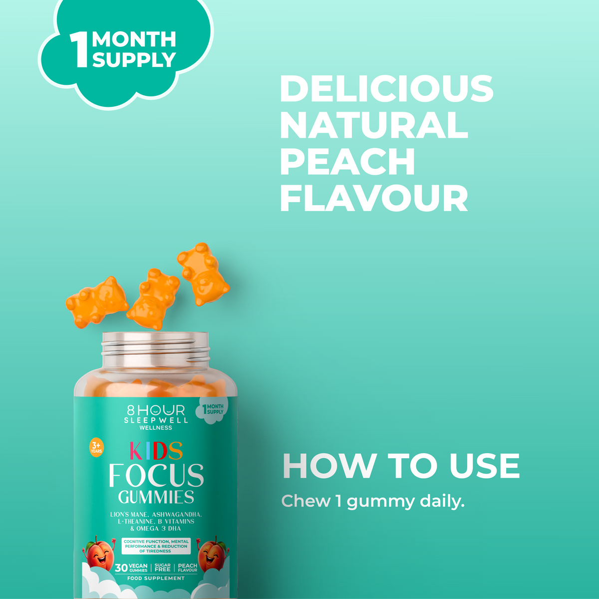 Kids Focus Gummies | 30 Nootropic Gummies | Lion's Mane | 8 Hour Sleepwell 8 Hour Sleepwell