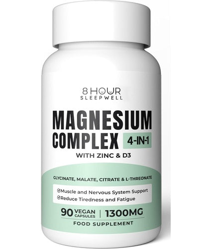 8 Hour Sleepwell Magnesium Complex 4-in-1 with Zinc and Vitamin D3, 90 vegan capsules, 1300mg food supplement bottle
