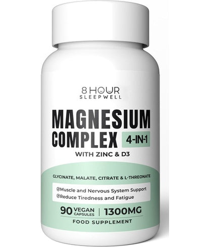 8 Hour Sleepwell Magnesium Complex 4-in-1 with Zinc and Vitamin D3, 90 vegan capsules, 1300mg food supplement bottle
